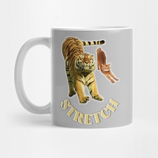 Stretch exercise by a tiger and a cat - gold text Mug